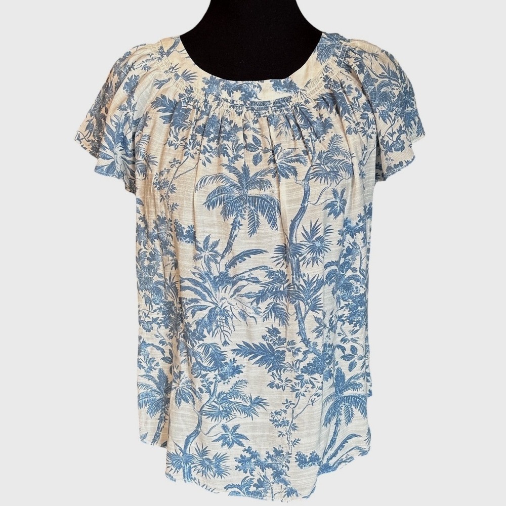 LC Lauren Conrad Blue & White Tropical Palm Toile Print Top, Small, Resortwear